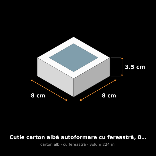 Cutie carton albă cu fereastră, 8x8x3.5 cm – schemă cu dimensiuni