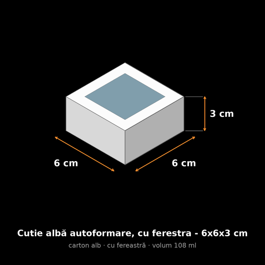 Cutie carton albă cu fereastră, 6x6x3 cm – schemă cu dimensiuni