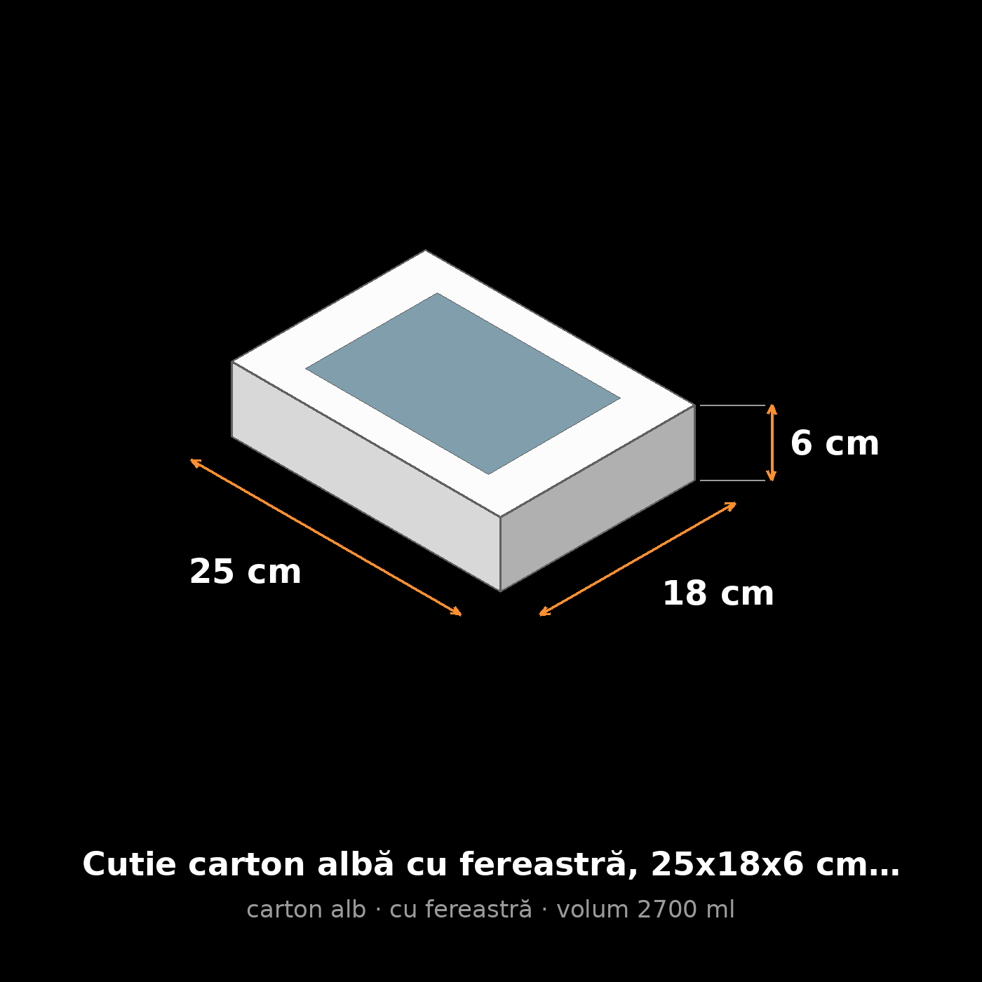Cutie carton albă cu fereastră, 25x18x6 cm – schemă cu dimensiuni