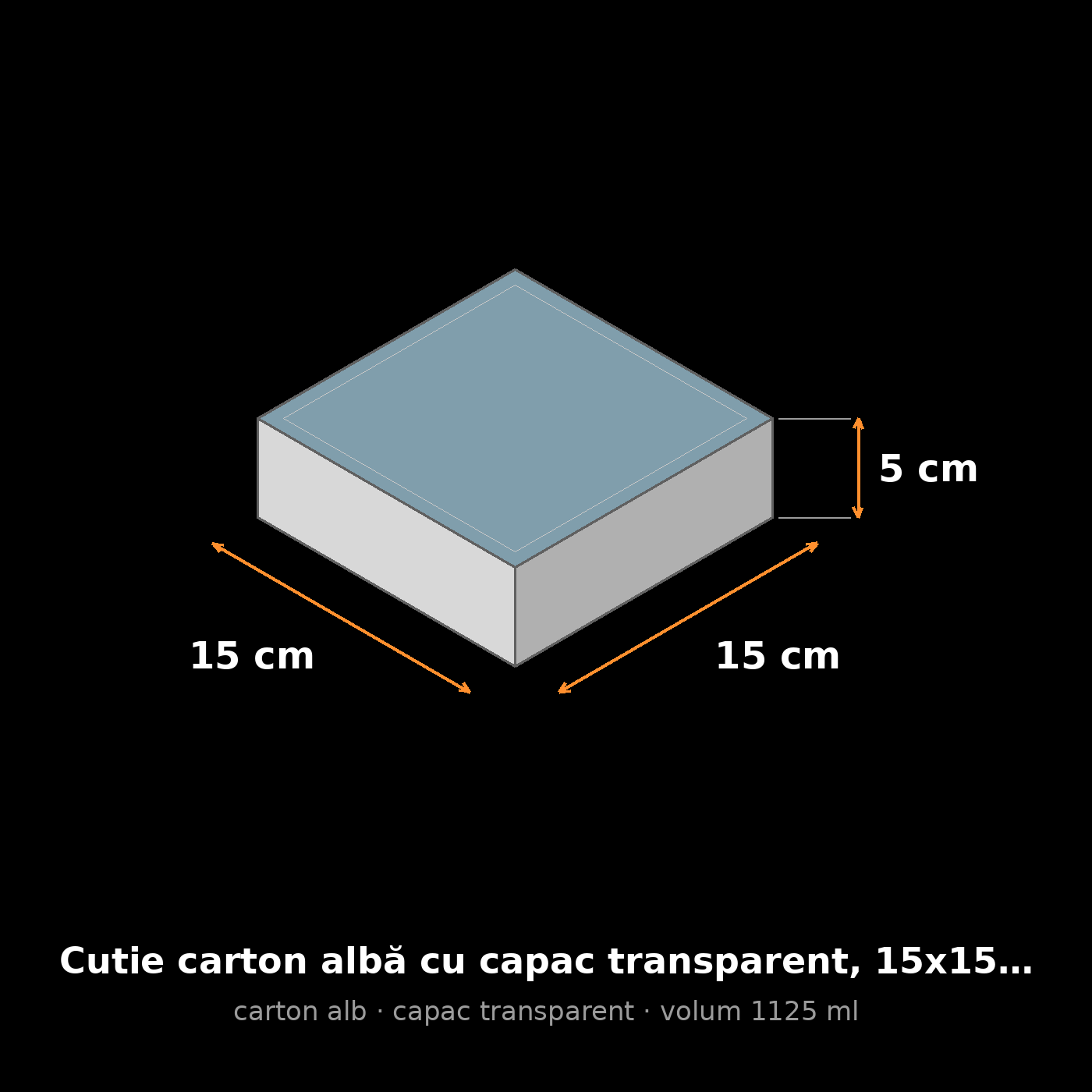 Cutie carton albă cu capac transparent, 15x15x5 cm – schemă cu dimensiuni