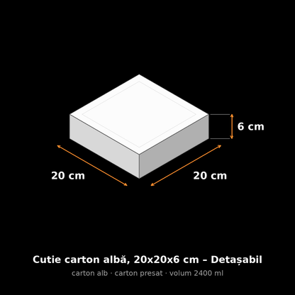 Cutie carton albă, 20x20x6 cm – schemă cu dimensiuni