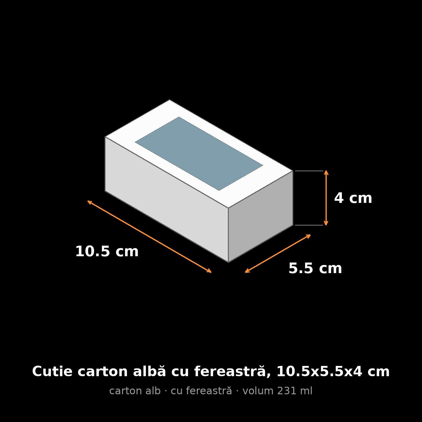 Cutie carton albă cu fereastră, 10.5x5.5x4 cm – schemă cu dimensiuni