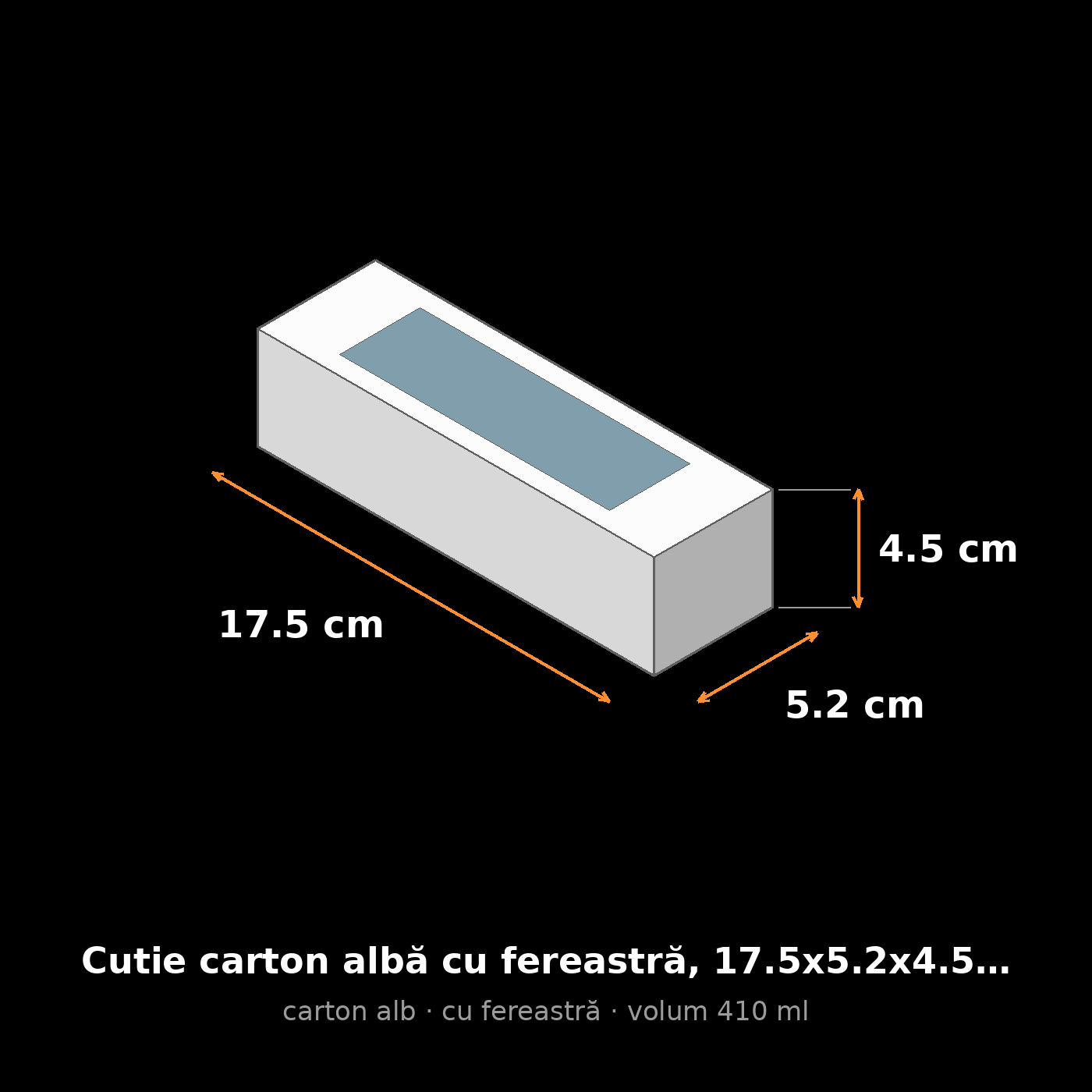 Cutie carton albă cu fereastră, 17.5x5.2x4.5 cm – schemă cu dimensiuni