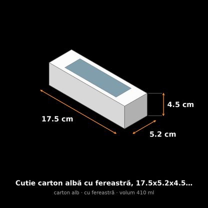 Cutie carton albă cu fereastră, 17.5x5.2x4.5 cm – schemă cu dimensiuni