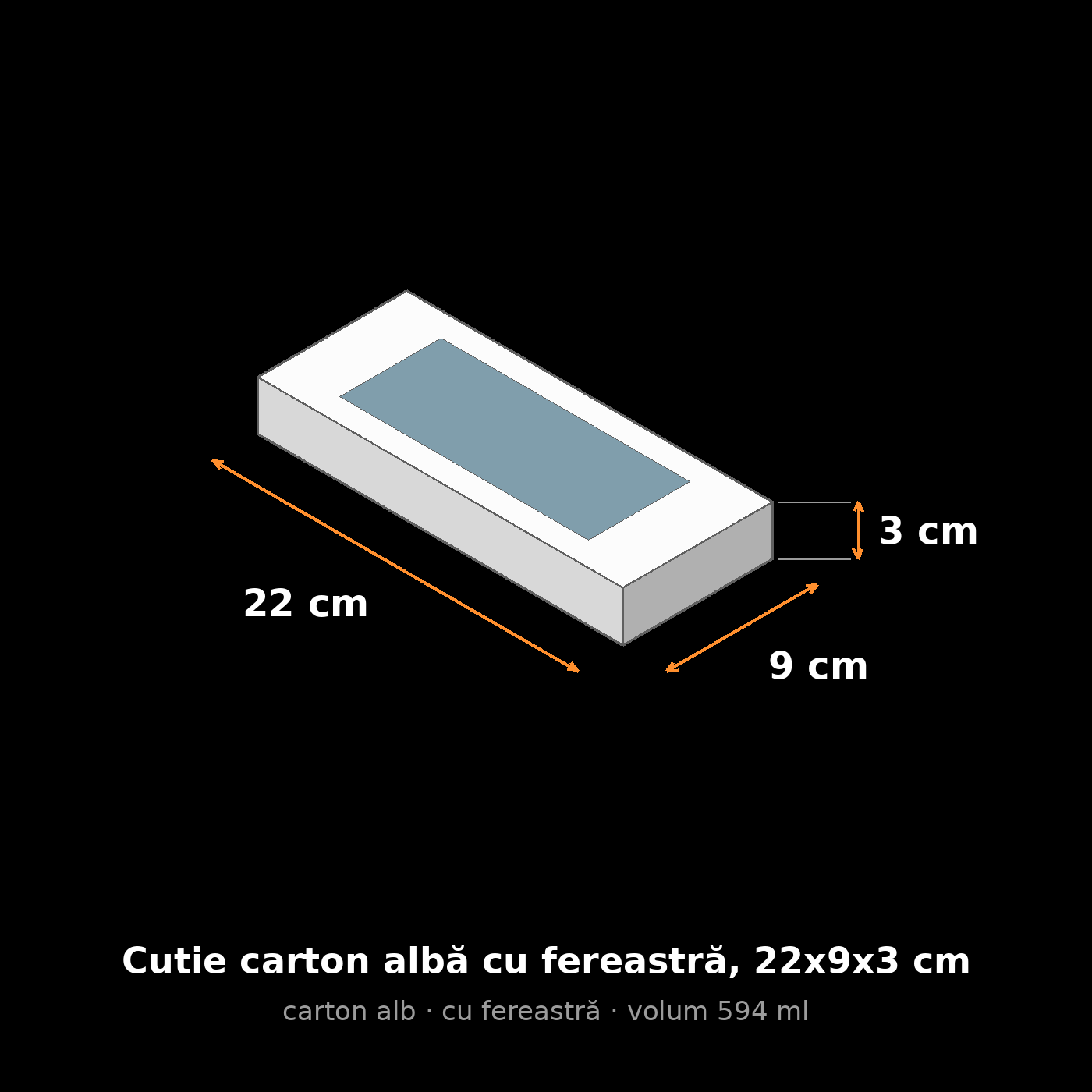 Cutie carton albă cu fereastră, 22x9x3 cm – schemă cu dimensiuni