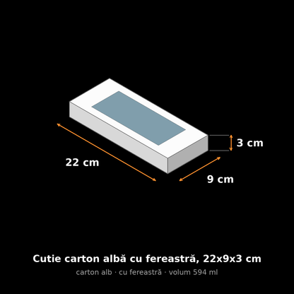 Cutie carton albă cu fereastră, 22x9x3 cm – schemă cu dimensiuni