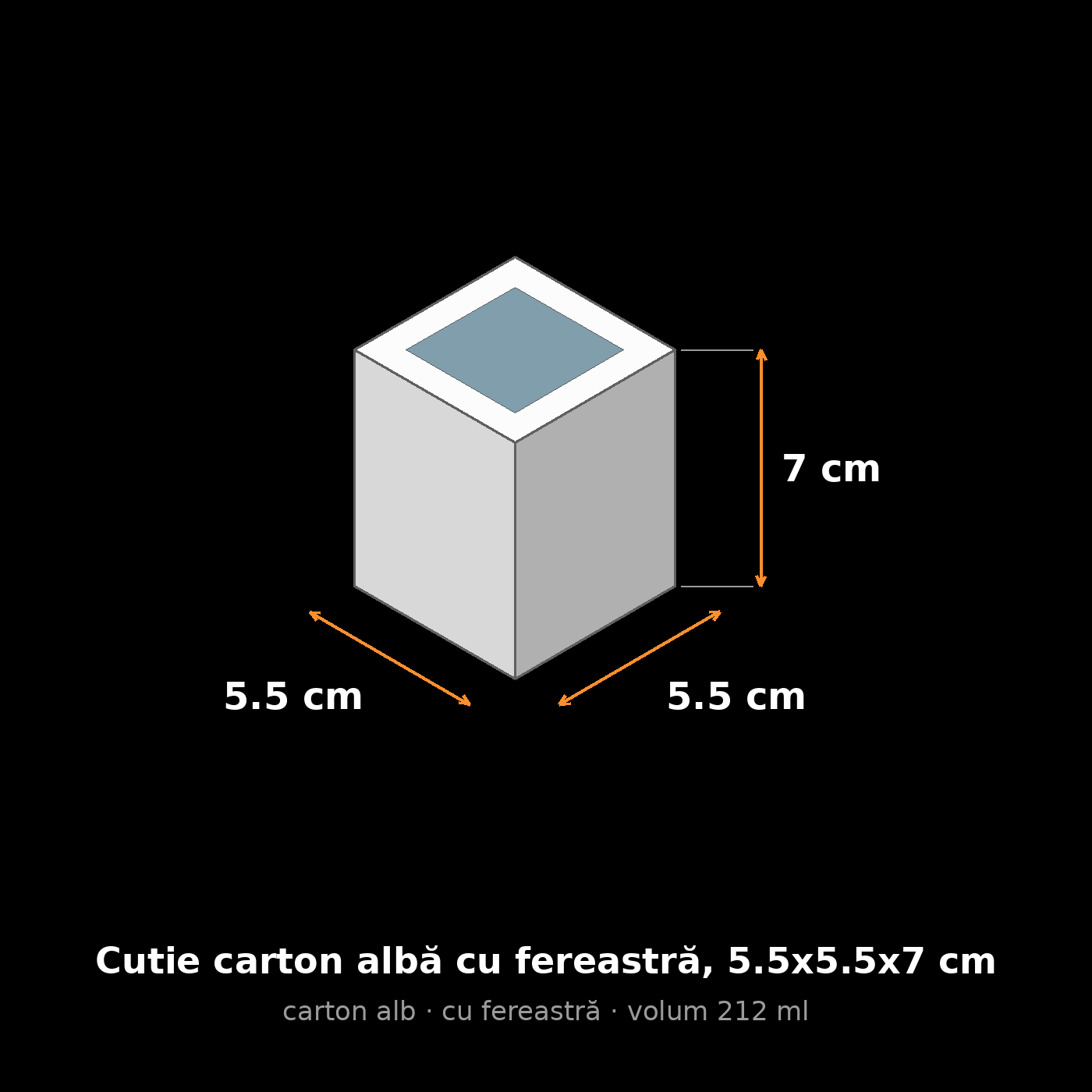 Cutie carton albă cu fereastră, 5.5x5.5x7 cm – schemă cu dimensiuni