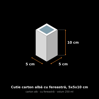 Cutie carton albă cu fereastră, 5x5x10 cm – schemă cu dimensiuni
