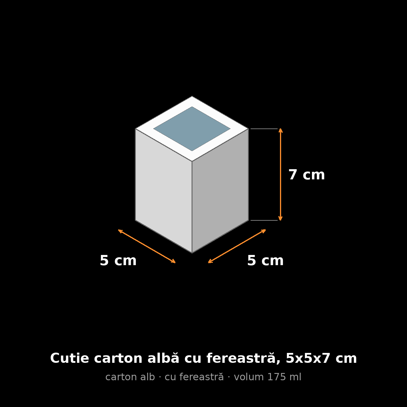 Cutie carton albă cu fereastră, 5x5x7 cm – schemă cu dimensiuni