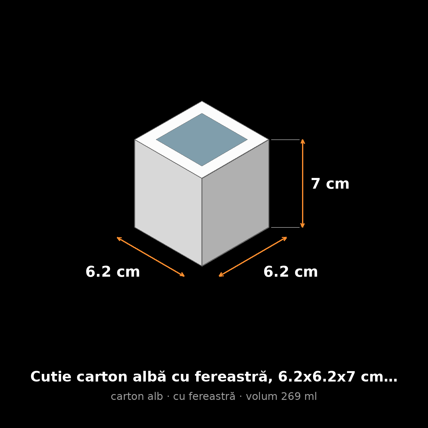 Cutie carton albă cu fereastră, 6.2x6.2x7 cm – schemă cu dimensiuni