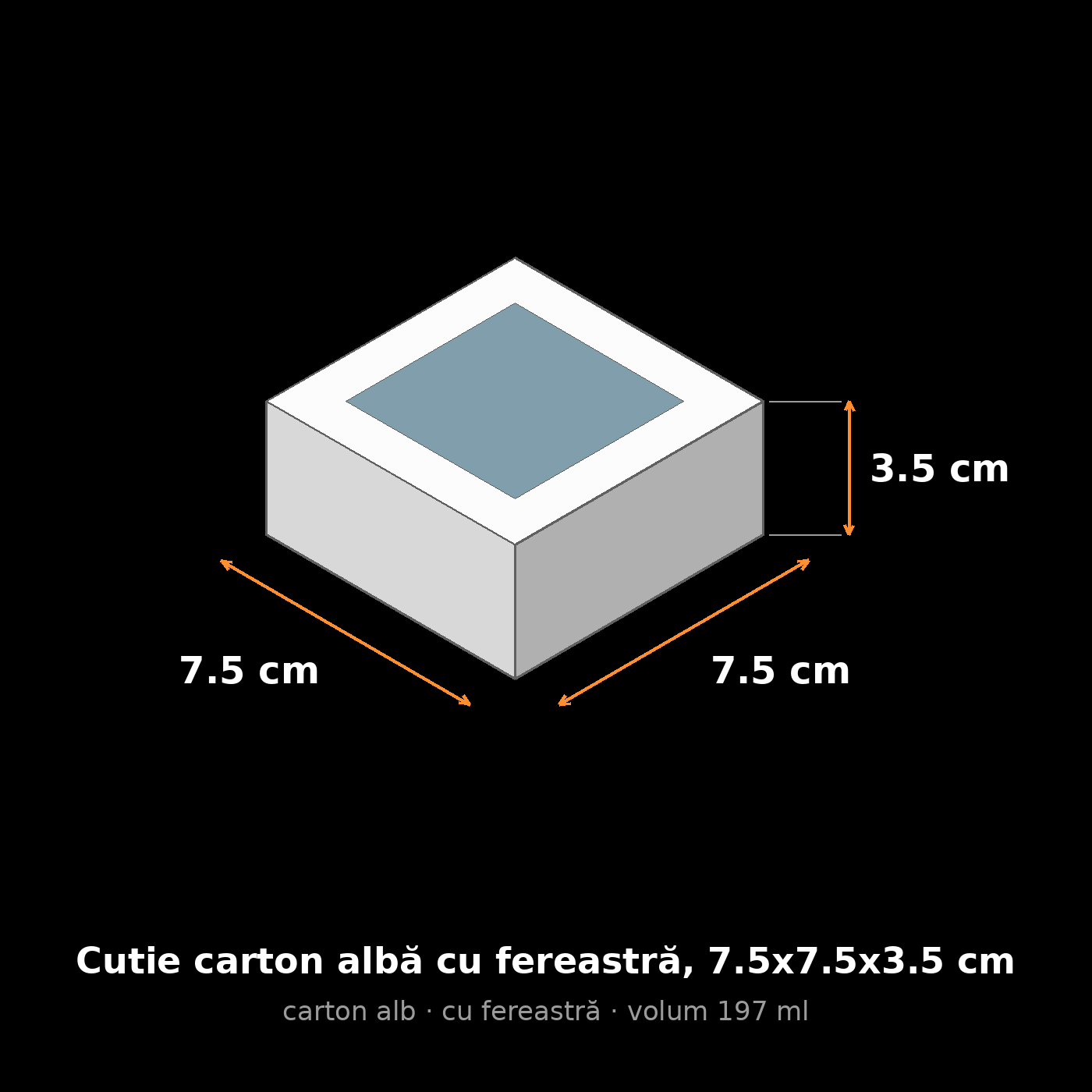Cutie carton albă cu fereastră, 7.5x7.5x3.5 cm – schemă cu dimensiuni