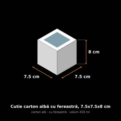 Cutie carton albă cu fereastră, 7.5x7.5x8 cm – schemă cu dimensiuni