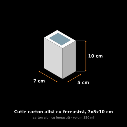 Cutie carton albă cu fereastră, 7x5x10 cm – schemă cu dimensiuni