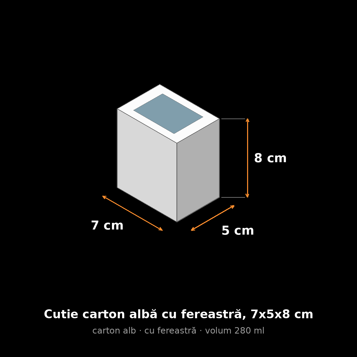 Cutie carton albă cu fereastră, 7x5x8 cm – schemă cu dimensiuni