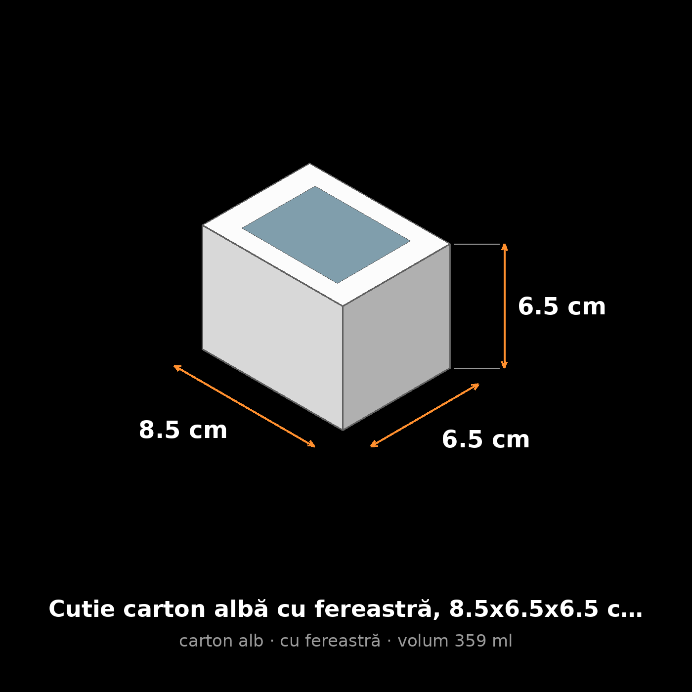 Cutie carton albă cu fereastră, 8.5x6.5x6.5 cm – schemă cu dimensiuni