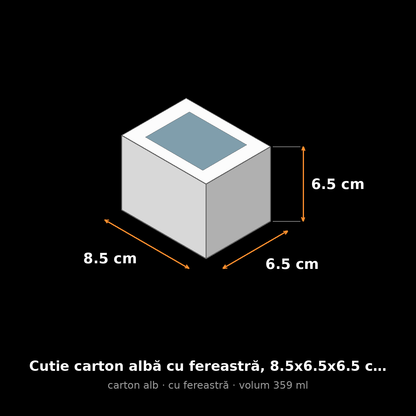 Cutie carton albă cu fereastră, 8.5x6.5x6.5 cm – schemă cu dimensiuni