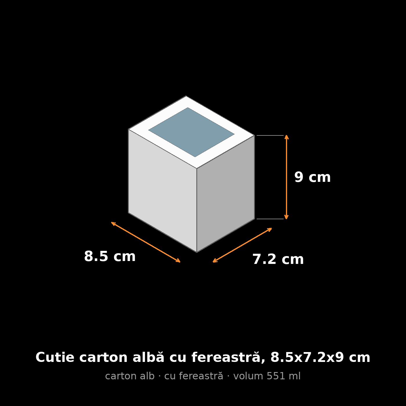 Cutie carton albă cu fereastră, 8.5x7.2x9 cm – schemă cu dimensiuni