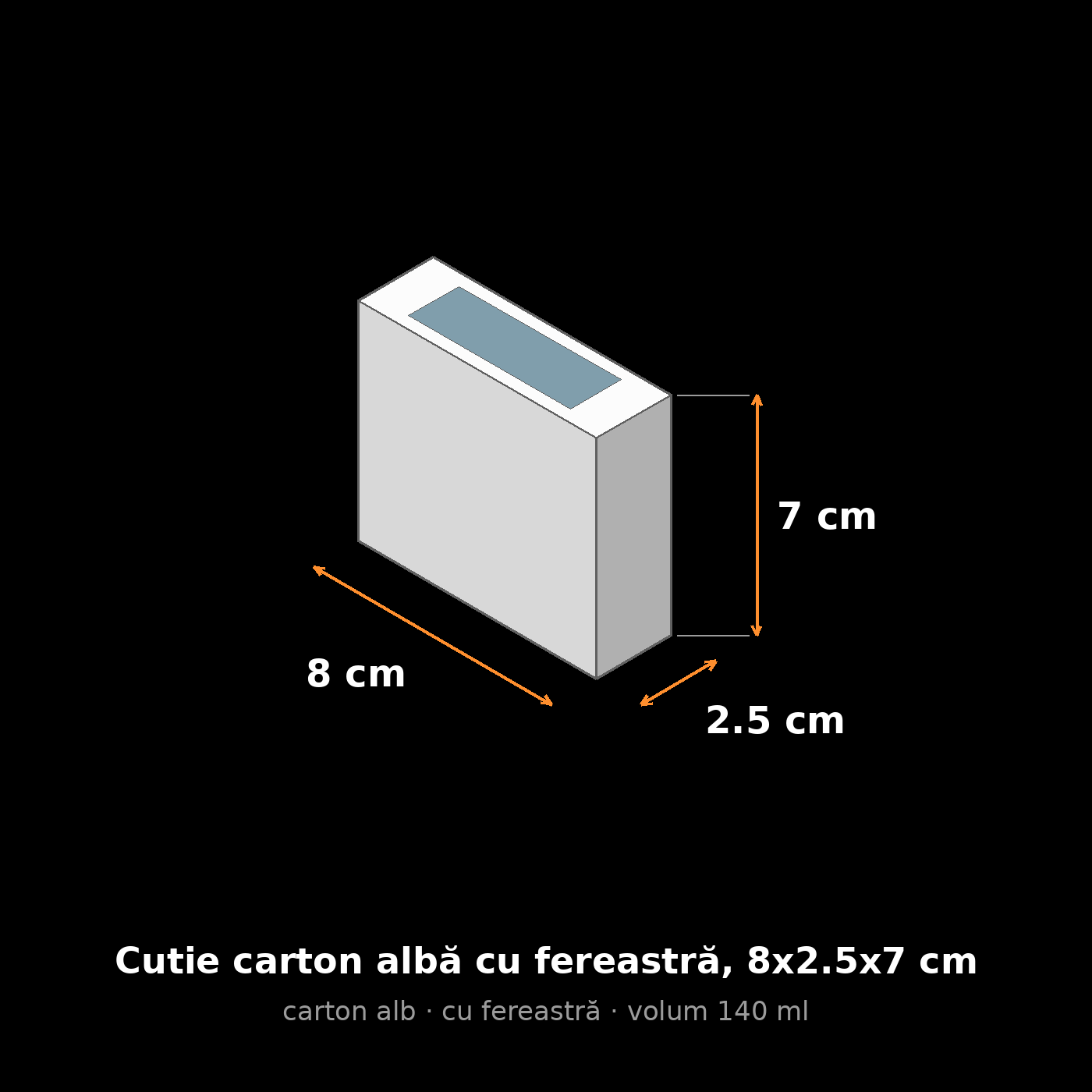 Cutie carton albă cu fereastră, 8x2.5x7 cm – schemă cu dimensiuni