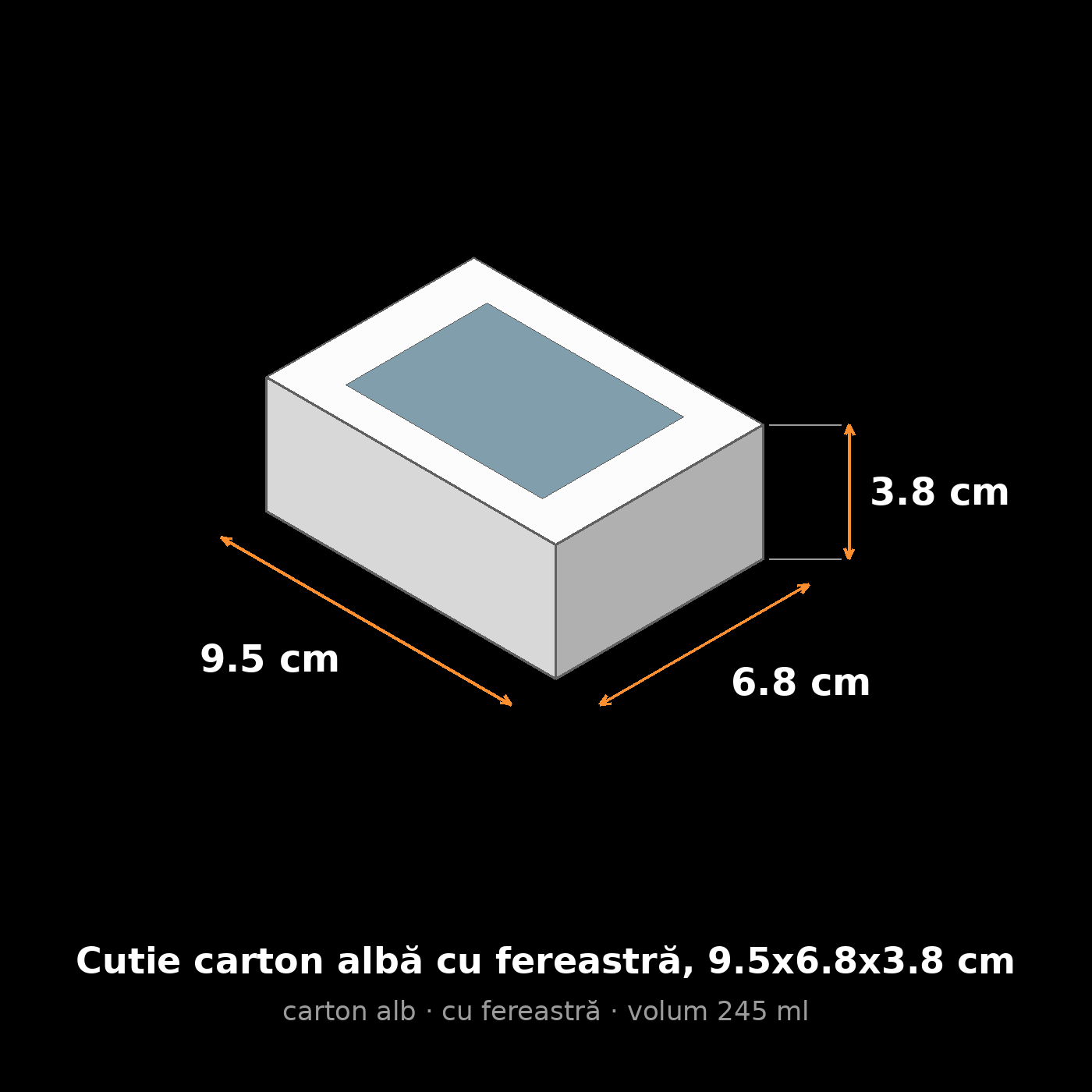 Cutie carton albă cu fereastră, 9.5x6.8x3.8 cm – schemă cu dimensiuni