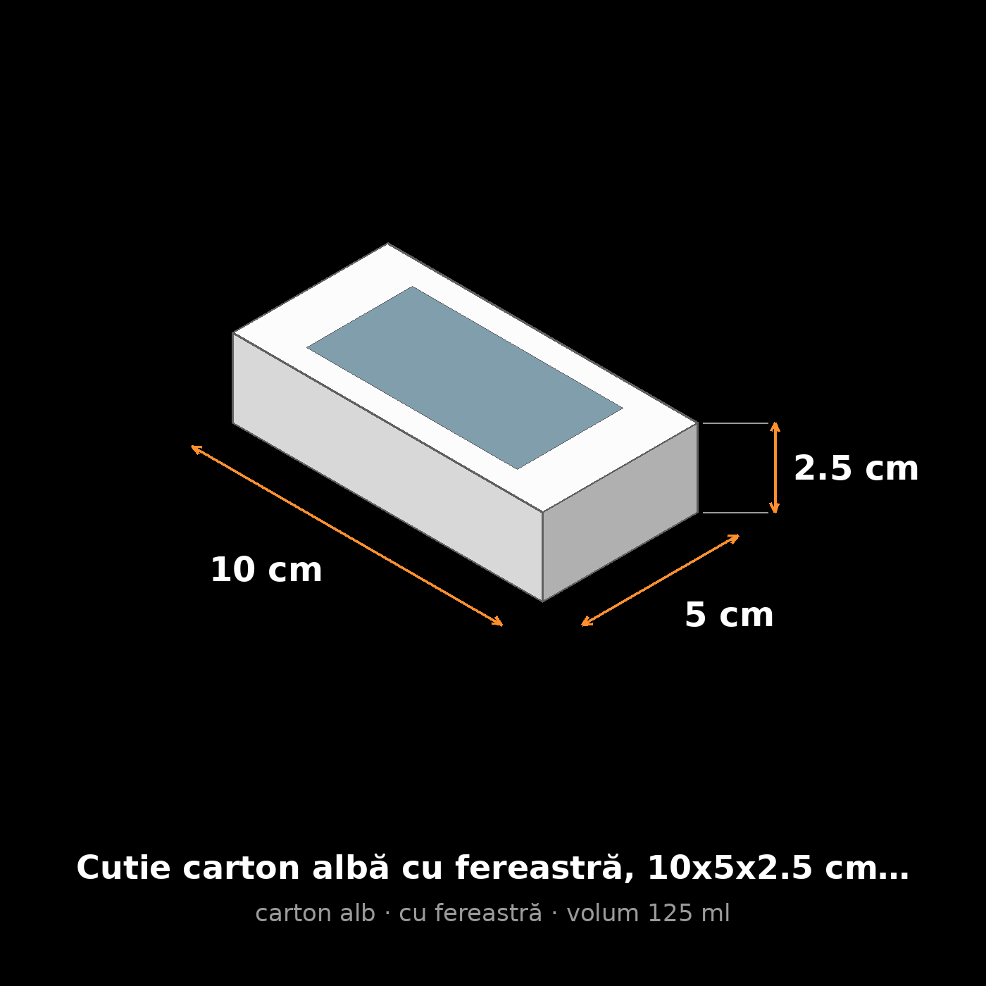 Cutie carton albă cu fereastră, 10x5x2.5 cm – schemă cu dimensiuni