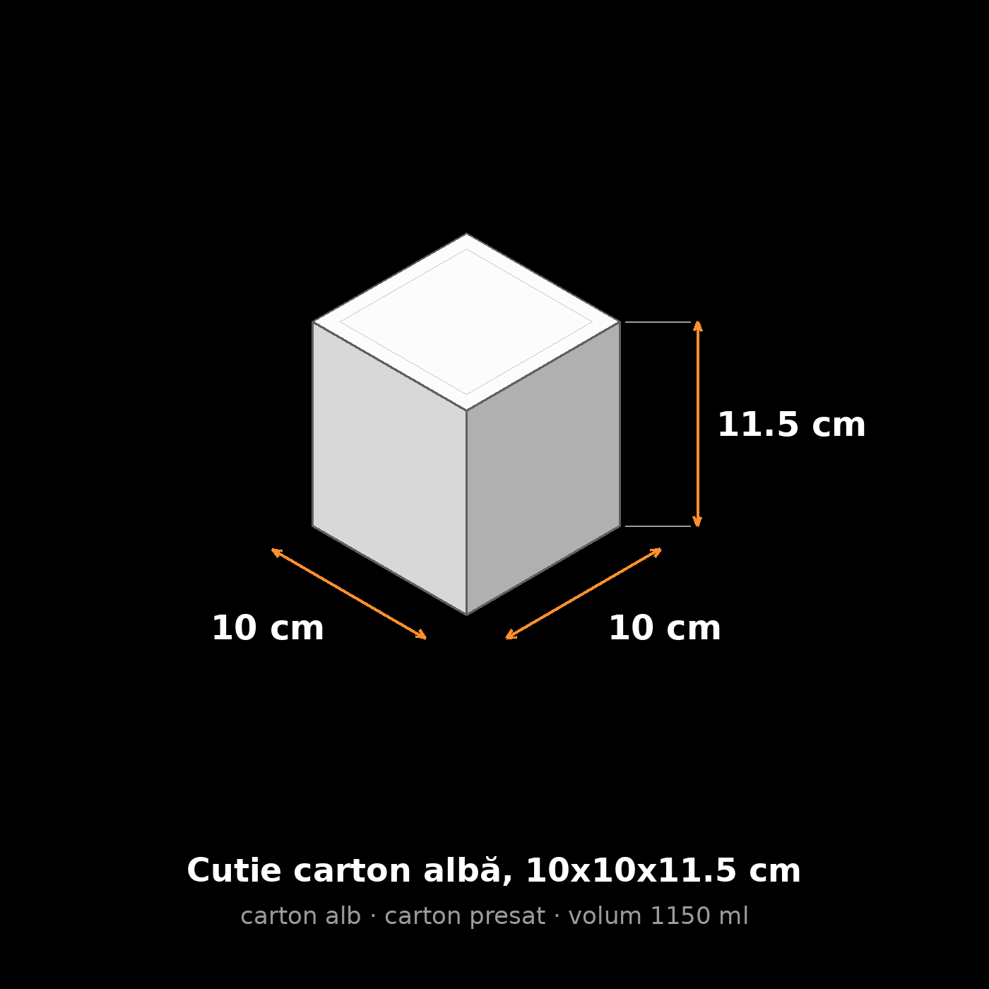 Cutie carton albă, 10x10x11.5 cm – schemă cu dimensiuni