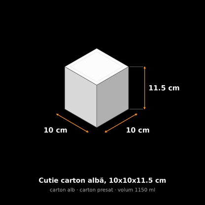 Cutie carton albă, 10x10x11.5 cm – schemă cu dimensiuni