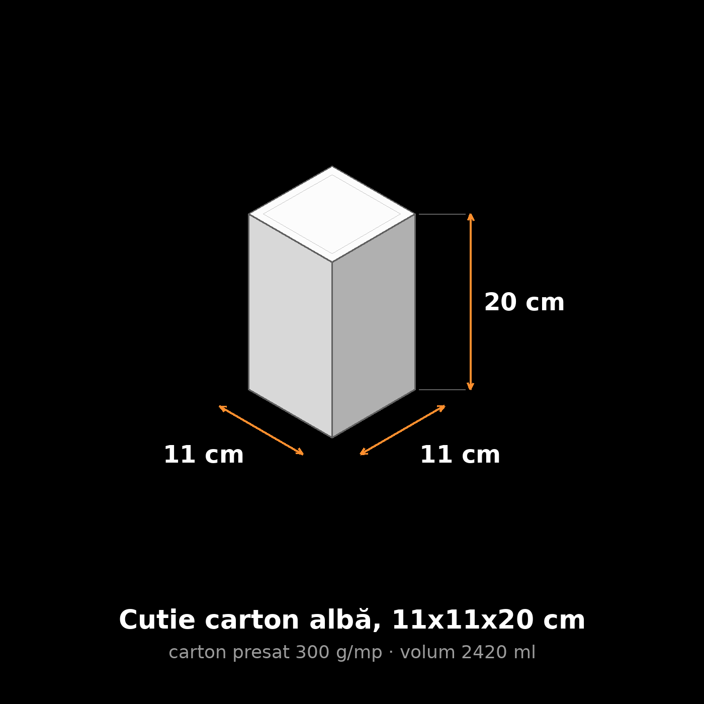 Cutie carton albă, 11x11x20 cm – schemă cu dimensiuni