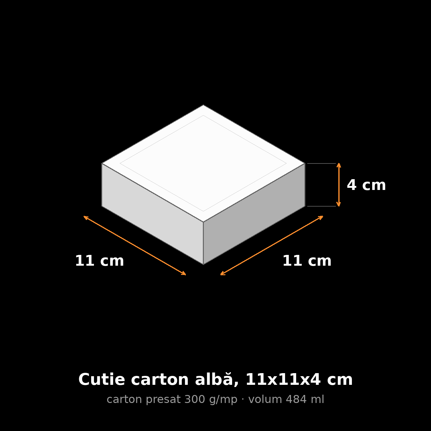 Cutie carton albă, 11x11x4 cm – schemă cu dimensiuni