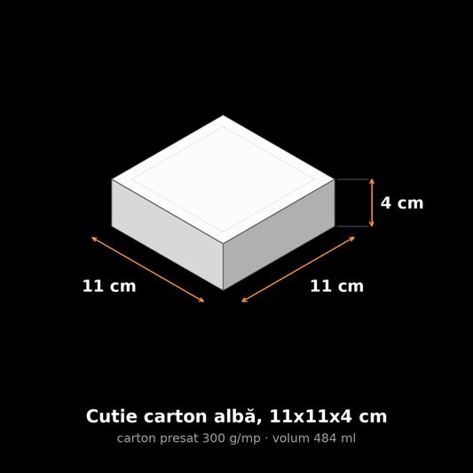 Cutie carton albă, 11x11x4 cm – schemă cu dimensiuni