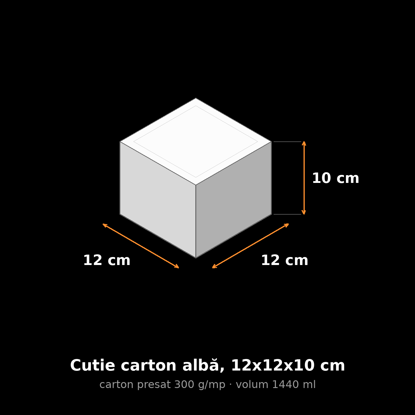 Cutie carton albă, 12x12x10 cm – schemă cu dimensiuni