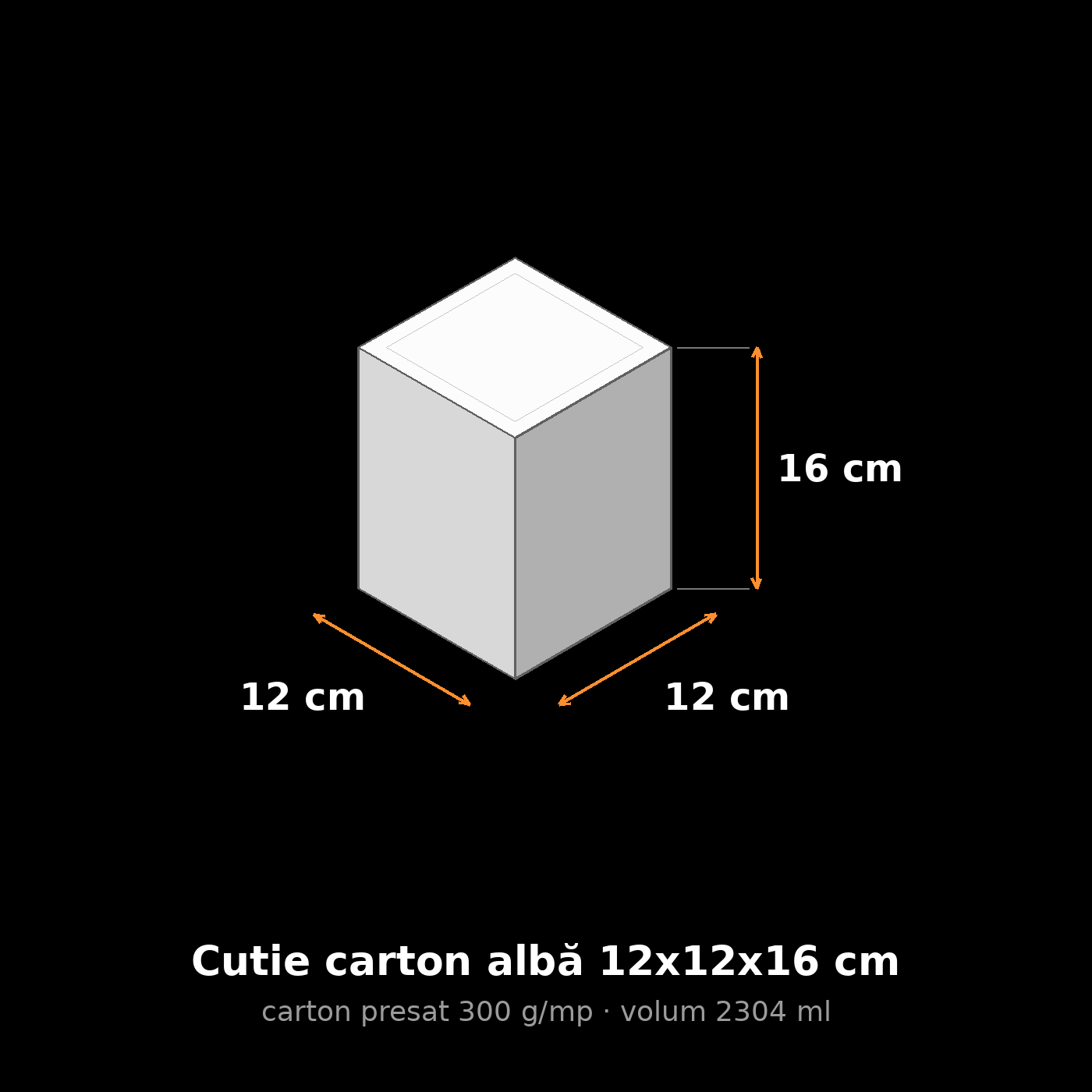 Cutie carton albă 12x12x16 cm, schemă cu dimensiuni