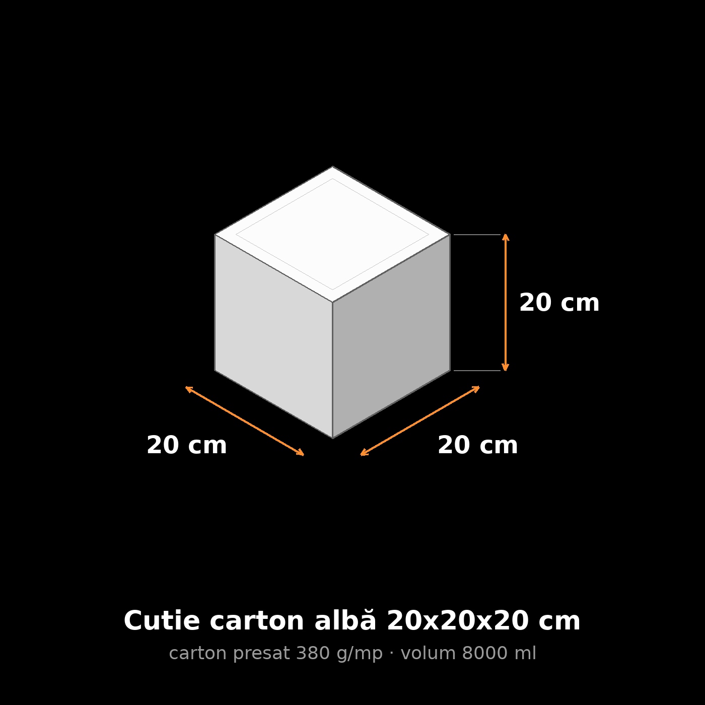 Cutie carton albă 20x20x20 cm, schemă cu dimensiuni