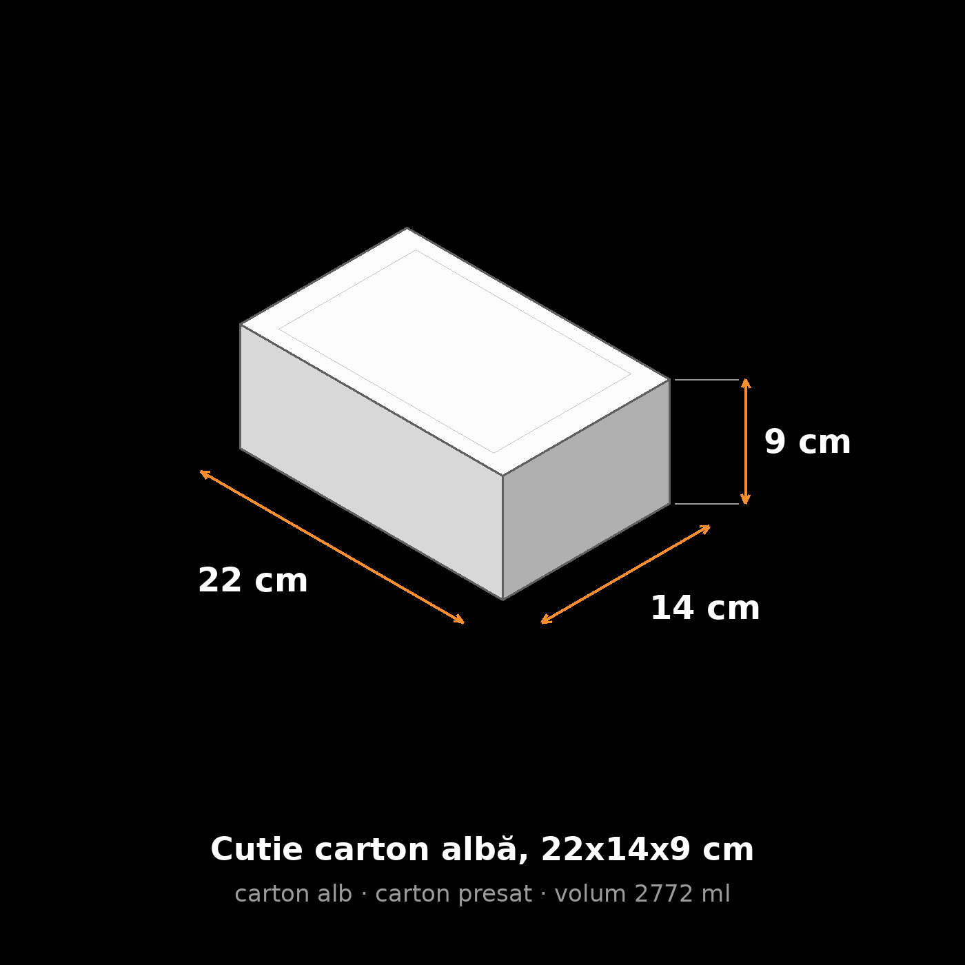 Cutie carton albă, 22x14x9 cm – schemă cu dimensiuni