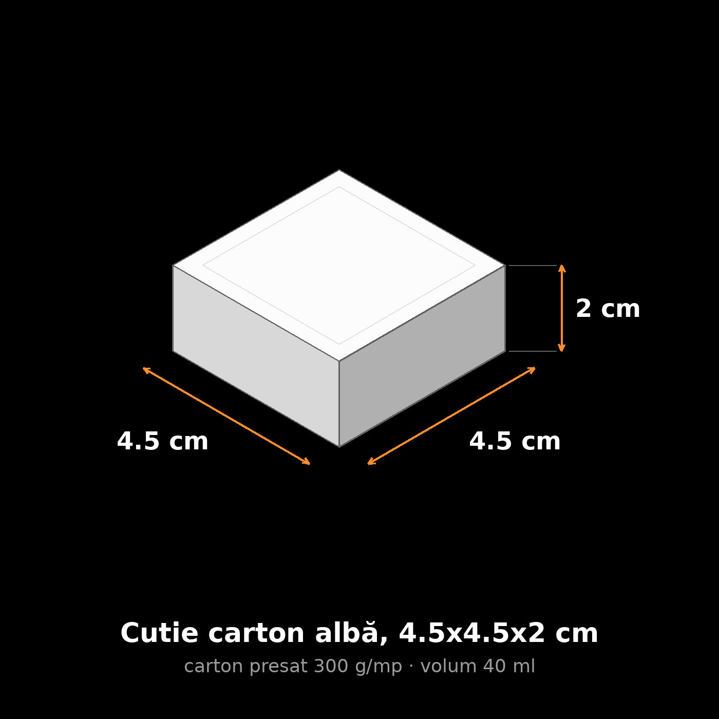 Cutie carton albă, 4.5x4.5x2 cm – schemă cu dimensiuni