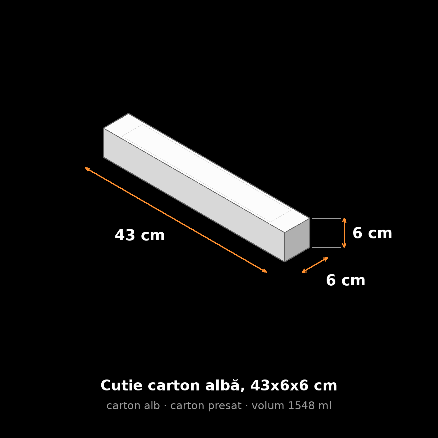 Cutie carton albă, 43x6x6 cm – schemă cu dimensiuni