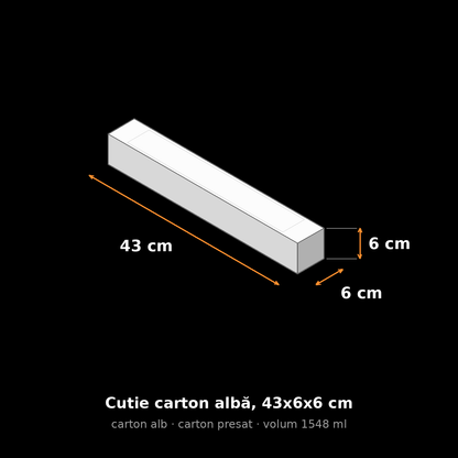 Cutie carton albă, 43x6x6 cm – schemă cu dimensiuni