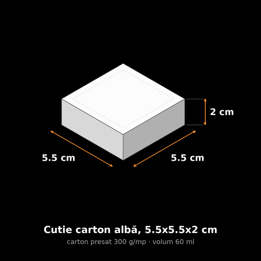 Cutie carton albă, 5.5x5.5x2 cm – schemă cu dimensiuni
