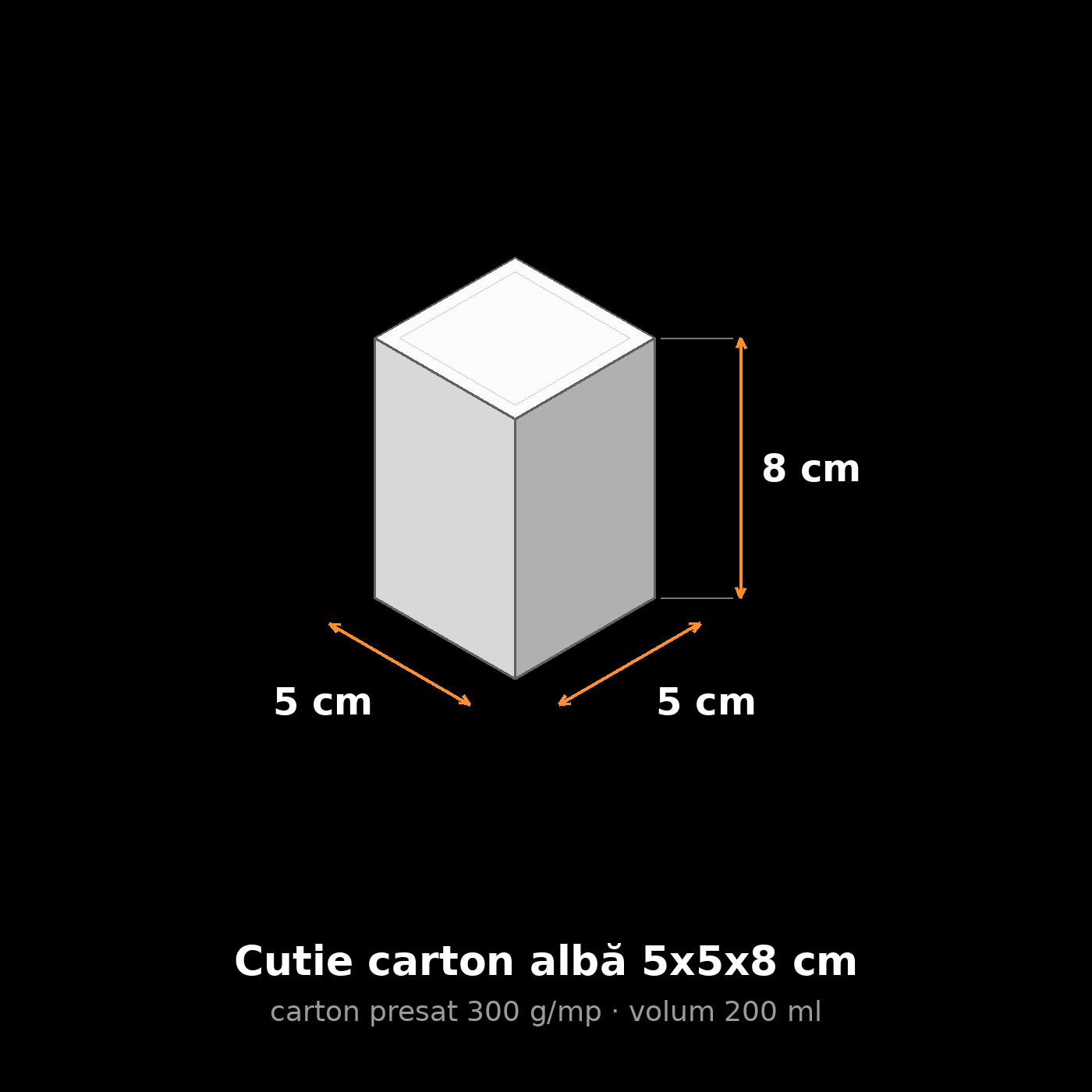 Cutie carton albă 5x5x8 cm, schemă cu dimensiuni