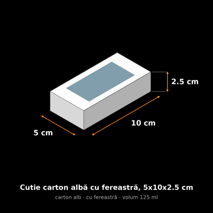 Cutie carton albă cu fereastră, 5x10x2.5 cm – schemă cu dimensiuni