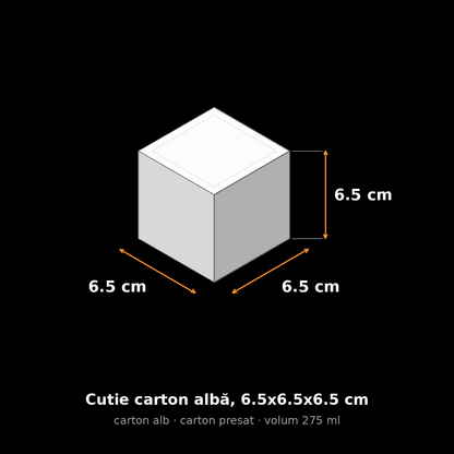 Cutie carton albă, 6.5x6.5x6.5 cm – schemă cu dimensiuni