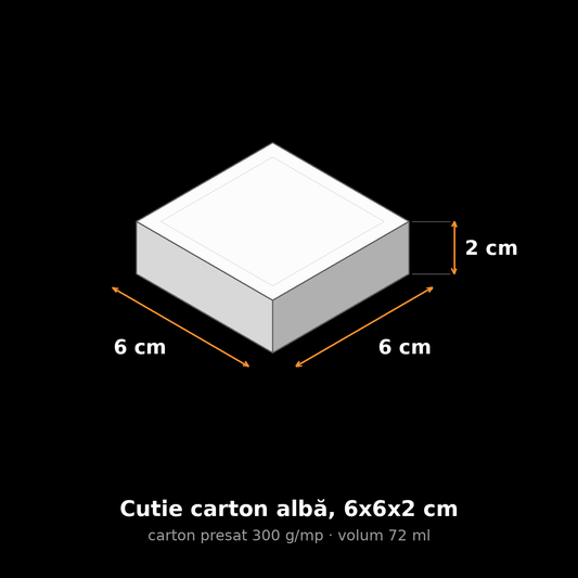 Cutie carton albă, 6x6x2 cm – schemă cu dimensiuni