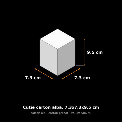 Cutie carton albă, 7.3x7.3x9.5 cm – schemă cu dimensiuni