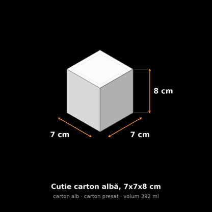 Cutie carton albă, 7x7x8 cm – schemă cu dimensiuni