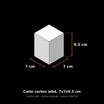 Cutie carton albă, 7x7x9.5 cm – schemă cu dimensiuni