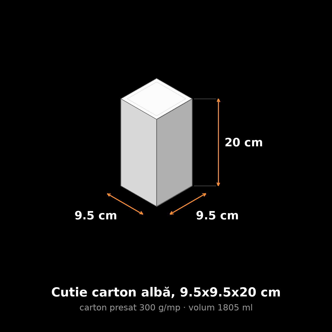 Cutie carton albă, 9.5x9.5x20 cm – schemă cu dimensiuni
