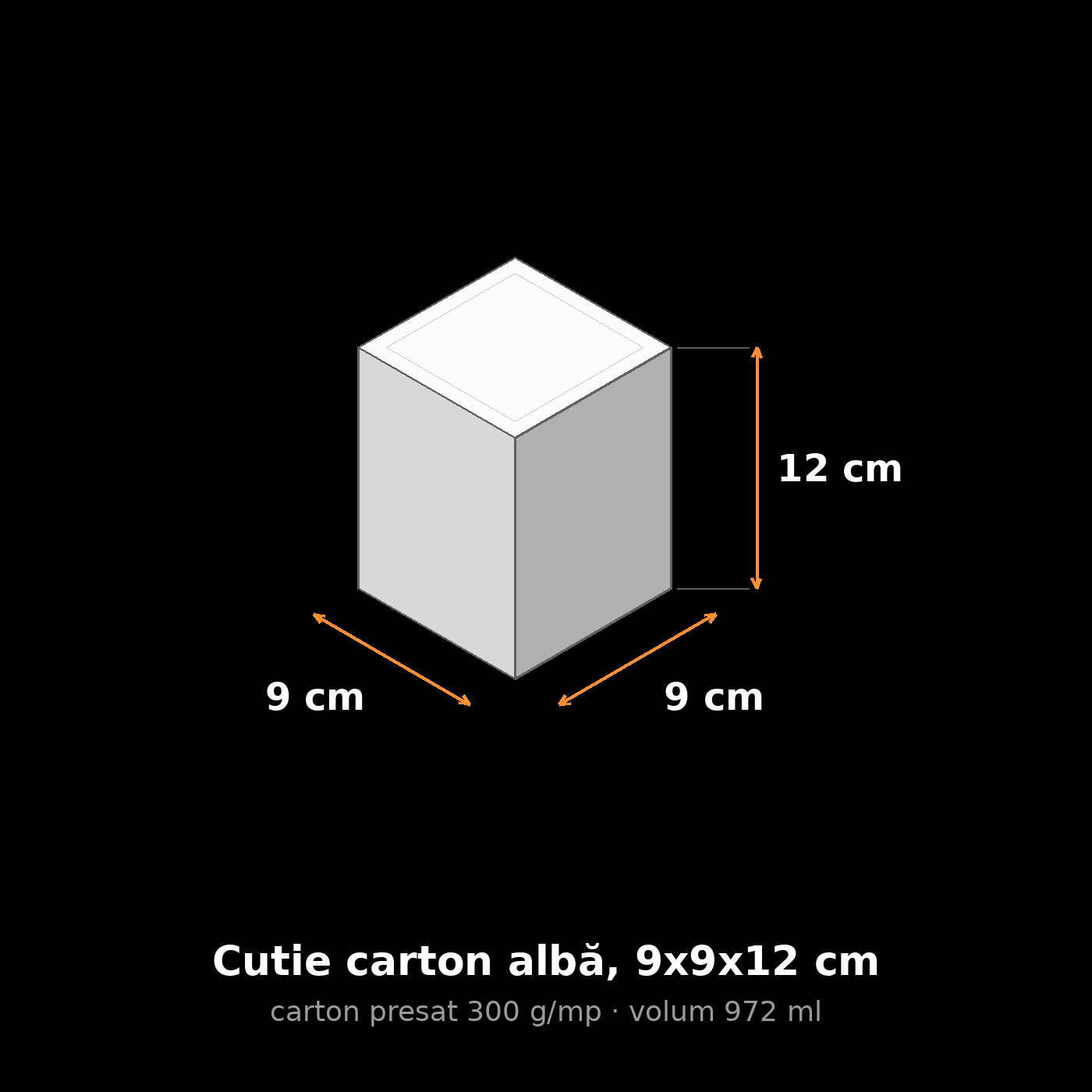 Cutie carton albă, 9x9x12 cm – schemă cu dimensiuni