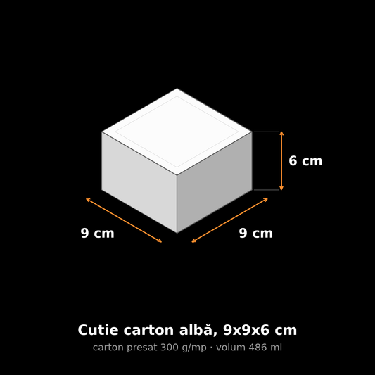 Cutie carton albă, 9x9x6 cm – schemă cu dimensiuni
