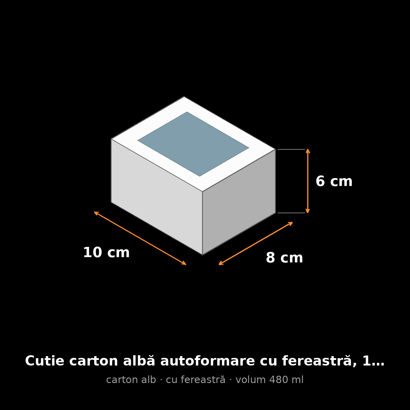 Cutie carton albă cu fereastră, 10x8x6 cm – schemă cu dimensiuni
