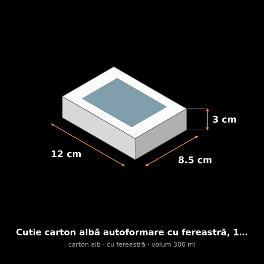 Cutie carton albă cu fereastră, 12x8.5x3 cm – schemă cu dimensiuni