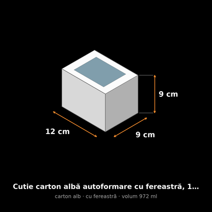 Cutie carton albă cu fereastră, 12x9x9 cm – schemă cu dimensiuni